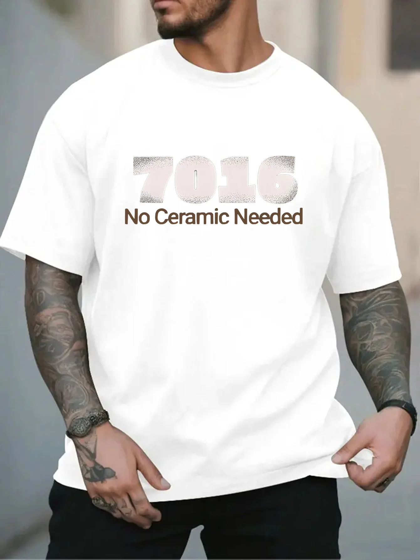 Men Black Crew Neck Tee Distressed Big Number 7016 No Ceramic Needed Retro Faded Text Mechanic Gear Head Casual Cotton Male Tops