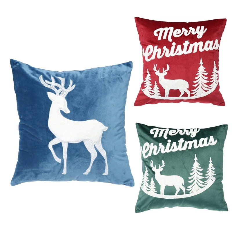 Merry Christmas Decorations Pillow Cover Embroidery Elk Pillowcase Square Cushion Covers for Sofa Couch Home Office Decor A0KC