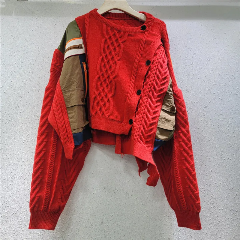 WTHT Moda Donna Patchwork Maglione lavorato a maglia elastica 2025 Primavera Trendy Nuovo O-Collo Maniche lunghe Pullover allentati Donna 1LS999