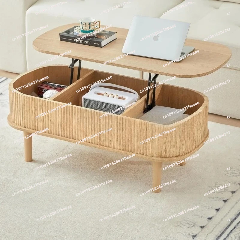 Suitable for , Modern Oval Lift Tabletop for Home Li Fluted Lift Top Coffee Table with Hidden Compartment Wooden Center Table