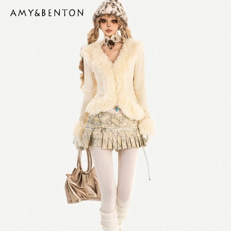 

Original Off-White Hot Girl Fur Collar Long Sleeve Women's Knitted Sweater Autumn Winter New Slimming Versatile Cardigan Ladies