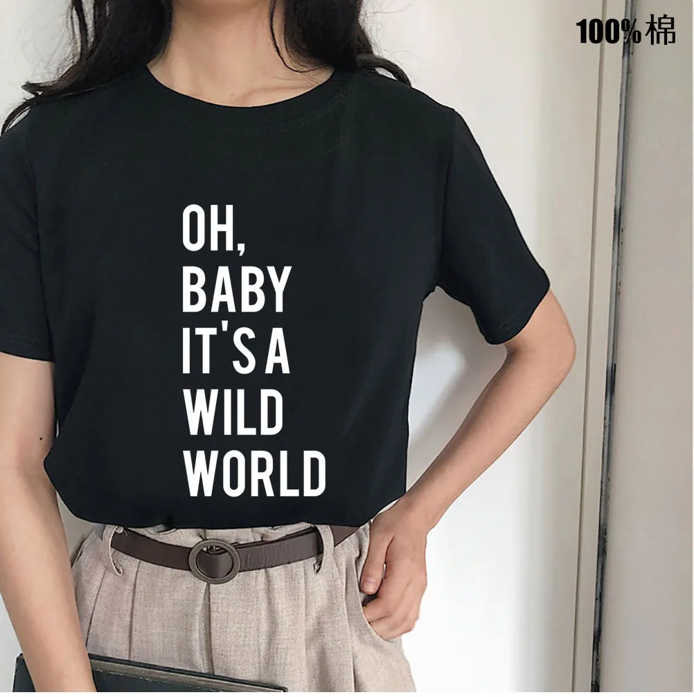 

Футболка женская хлопковая с надписью «OH BABY Is A WILD WORLD»