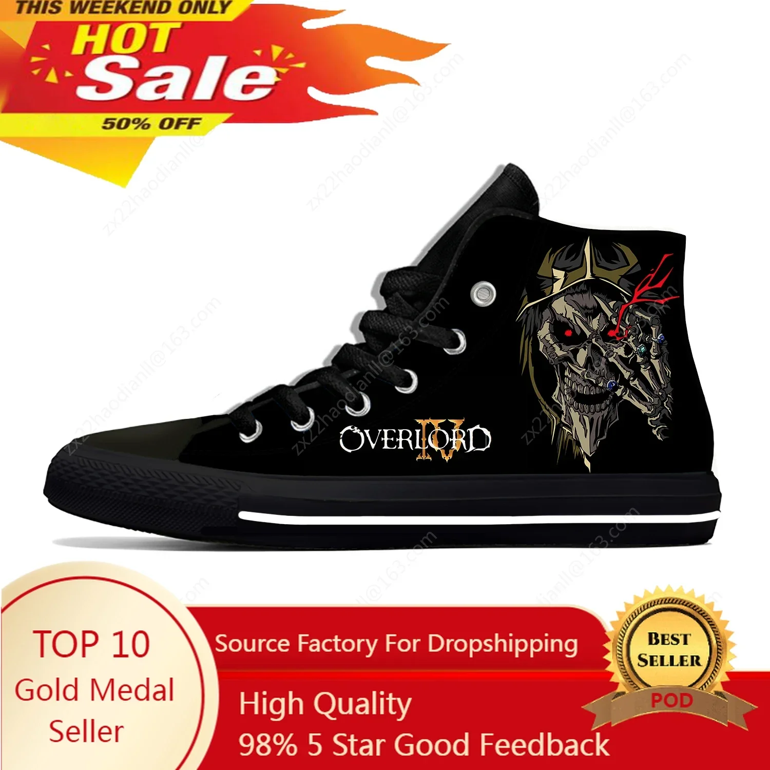 

Hot Anime Overlord Lightweight Black Cloth 3D Print Funny Fashion High Top Canvas Shoes Mens Womens Casual Breathable Sneakers