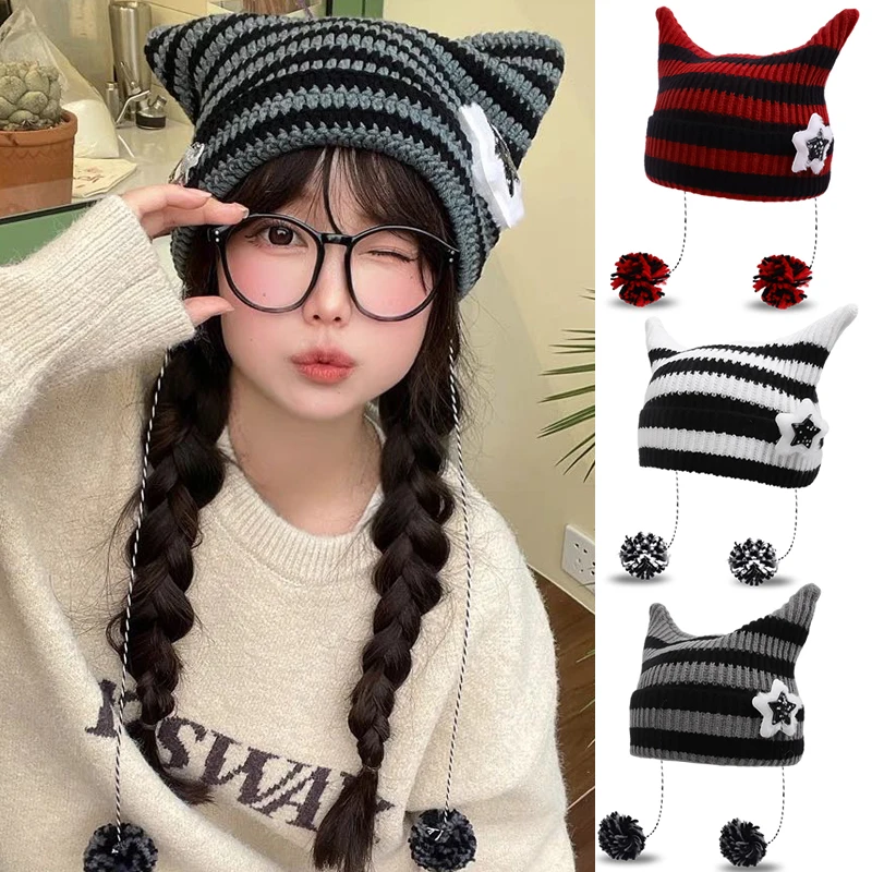 Y2K Cute Devil Knitting Striped Beanie Hat Wool Cap Autumn Winter Hip-hop Crochet Cute Cat Ears Pointed Pullover Women\'s Hats