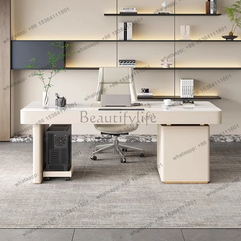 

Cream wind light luxury rock slab desk modern simple high-end writing desk computer desk