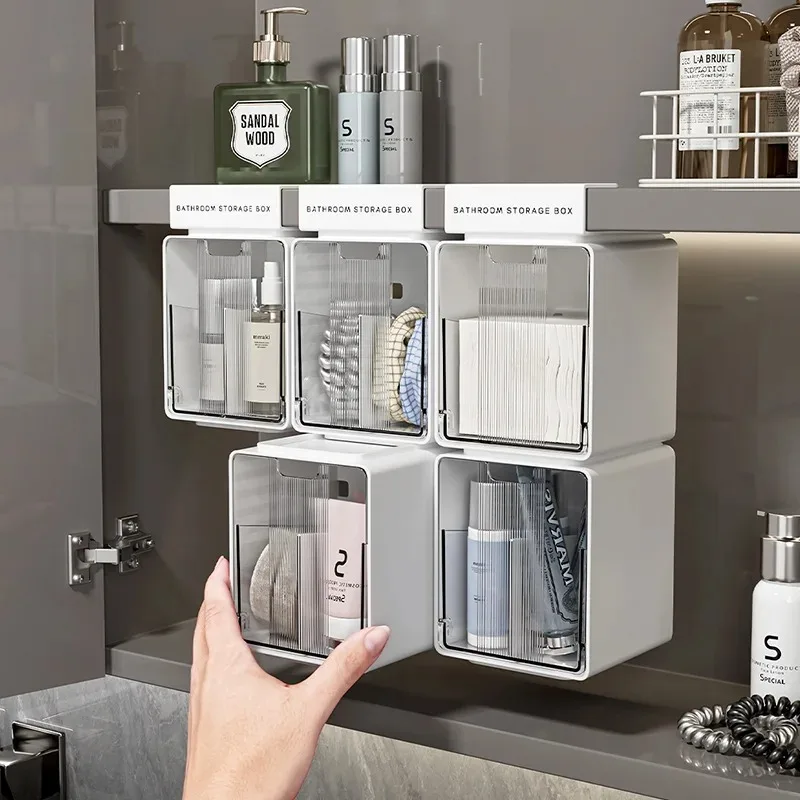 Clear Bathroom Pull-Out Storage Box for Cotton Swabs & Pads No-drill Drawer Style Organizer Under Mirror Cabinet Storage Box
