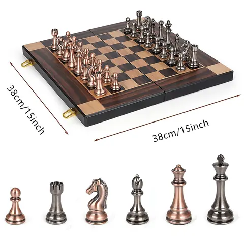 Avancerade schackpjäser i metall, 38 cm/15 tum, schackbräde i ebenholtsträ, hopfällbara klassiska spel för schackentusiaster 8 best sales schackpjäser i metall - №1