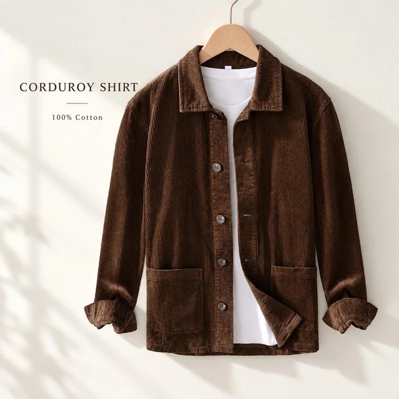 Mens Cotton Corduroy Long Sleeve Shirt with Turn Down Collar Button Front Two Patch Pockets Loose Fit Casual Autumn Layering Top