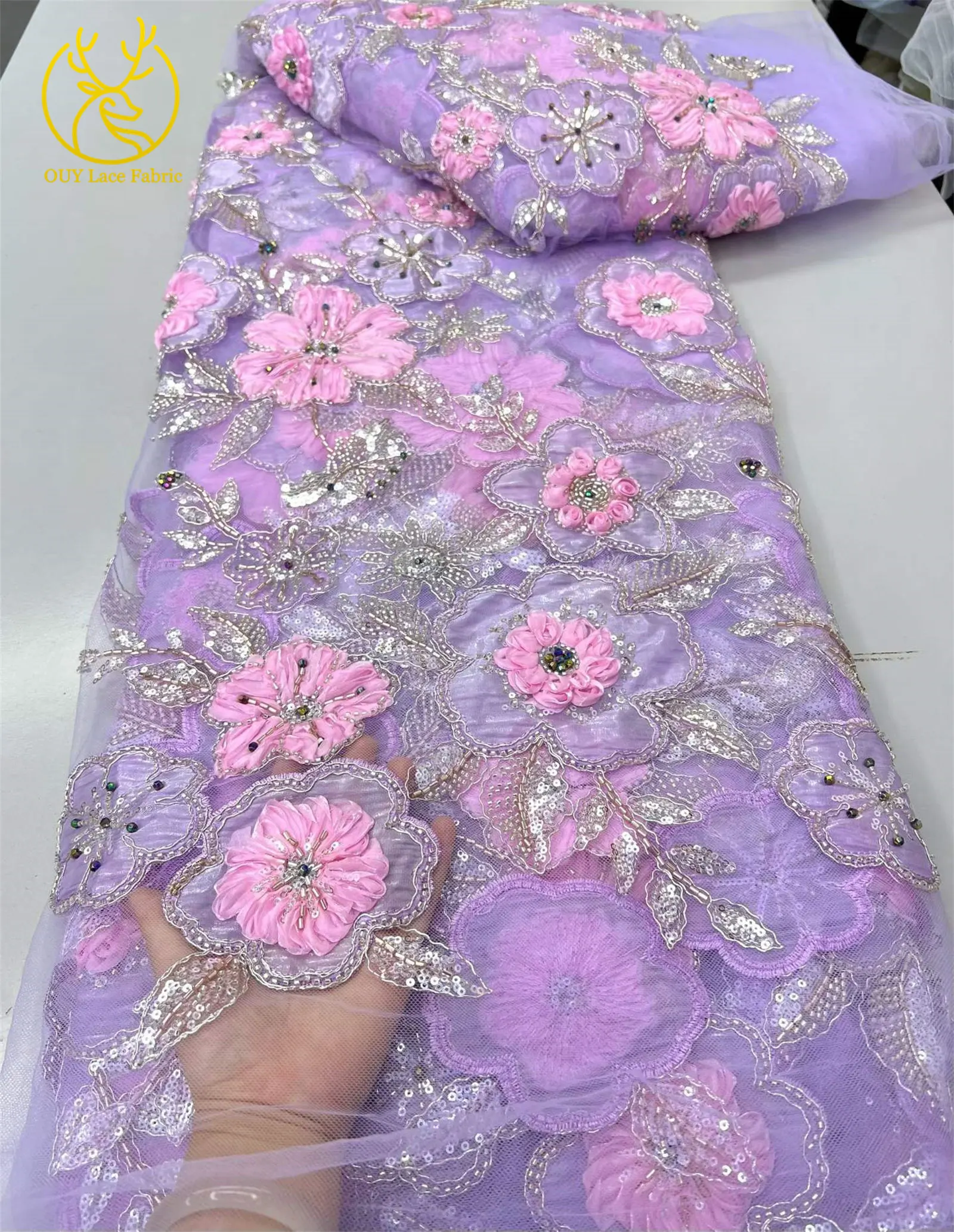 Afrikanischer Pailletten-Perlen-Spitzenstoff, hochwertiger nigerianischer französischer 3D-Blumen-Spitzenstoff für Kleidung, DIY, handgefertigter Stoff, 5 Yards – Detail 6