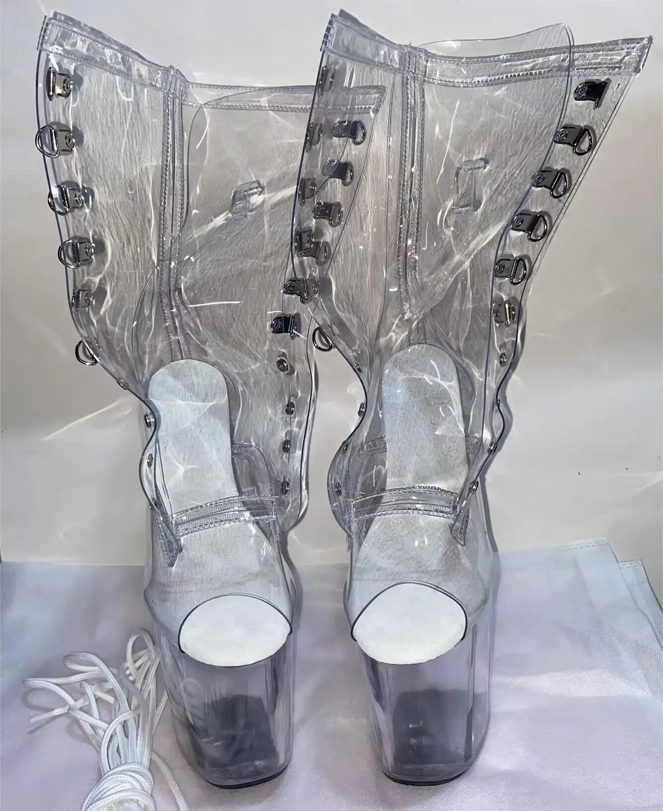 17-20cm sexy sky-hating high pole dancing heels with lace-up transparent waterproof platform runway low boots