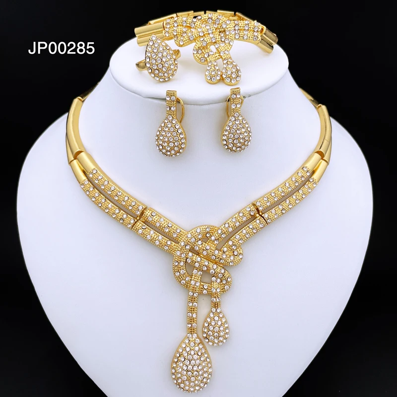 Dubai Gold Color Women Jewelry Sets Classic Design Necklace Earrings Charm Bracelet Ring  Banquet Party Jewelry 18K Gold Plated