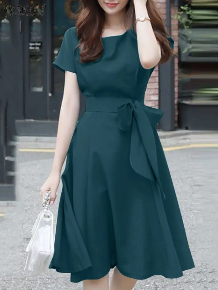 ZANZEA Fashion Summer Short Sleeve Knee-length Dress Women Elegant Party Work Sundress Stylish Belted Casual A-line Vestido Robe