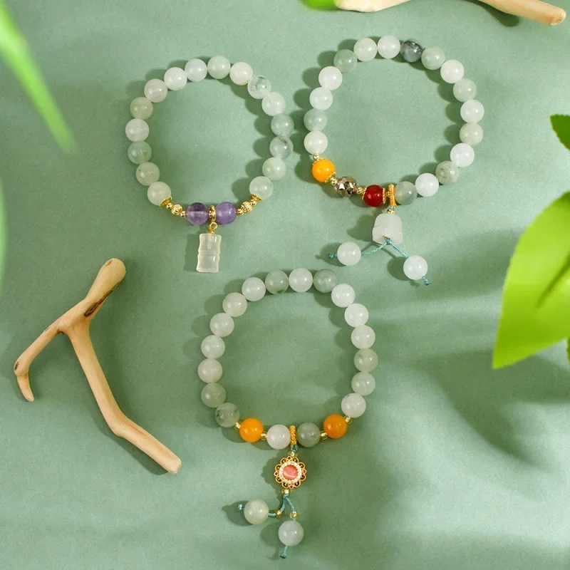 New Chinese Style Natural Jade Tianshan Jade Bracelet Female White Agate Handmade Bracelet High-Grade Niche Bracelet