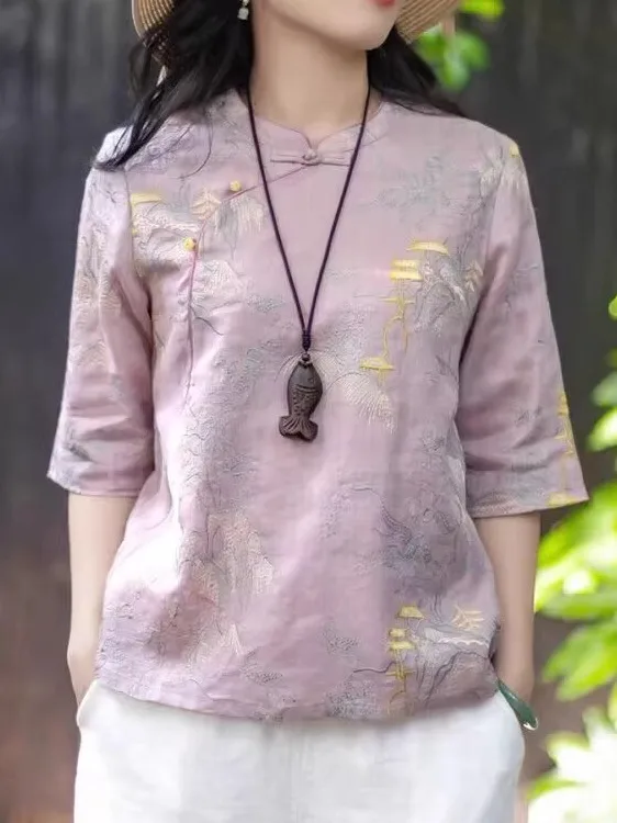 

New Chinese Sle Embroidered Flax irt Women's Large Size Stand Collar Oblique Sve Mid-Sve Top Korean Japanese Tag Cu...