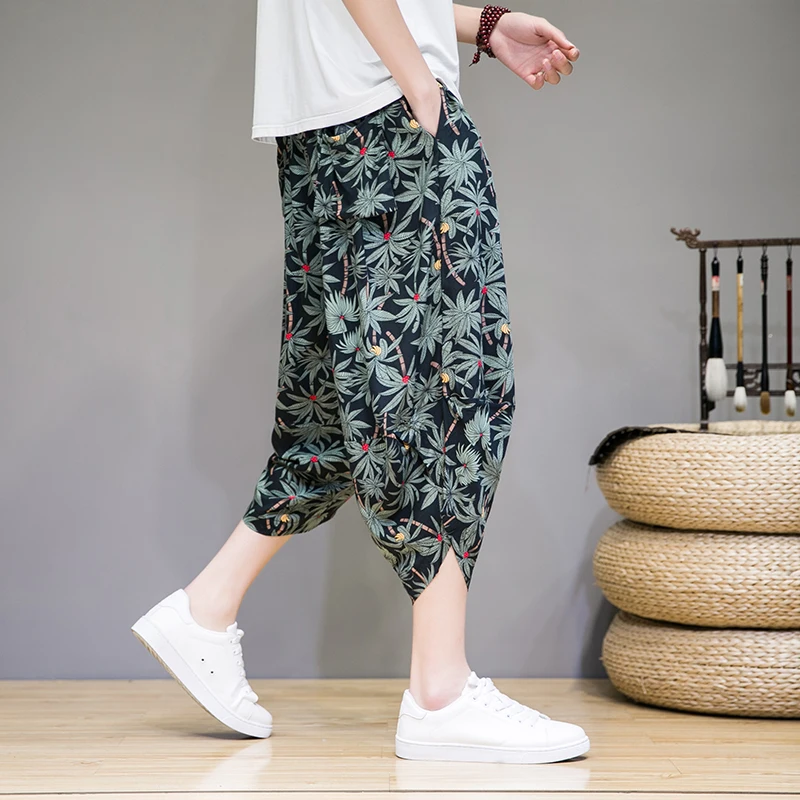 

Men Harajuku Pants 2023 Summer Cotton Joggers Calf-Length Pants Male Vintage Chinese Style Print Trousers Man Wide Leg Pants