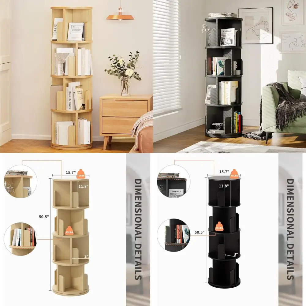 

space-saving 360° swivel wooden 4-shelf bookcase for home and office