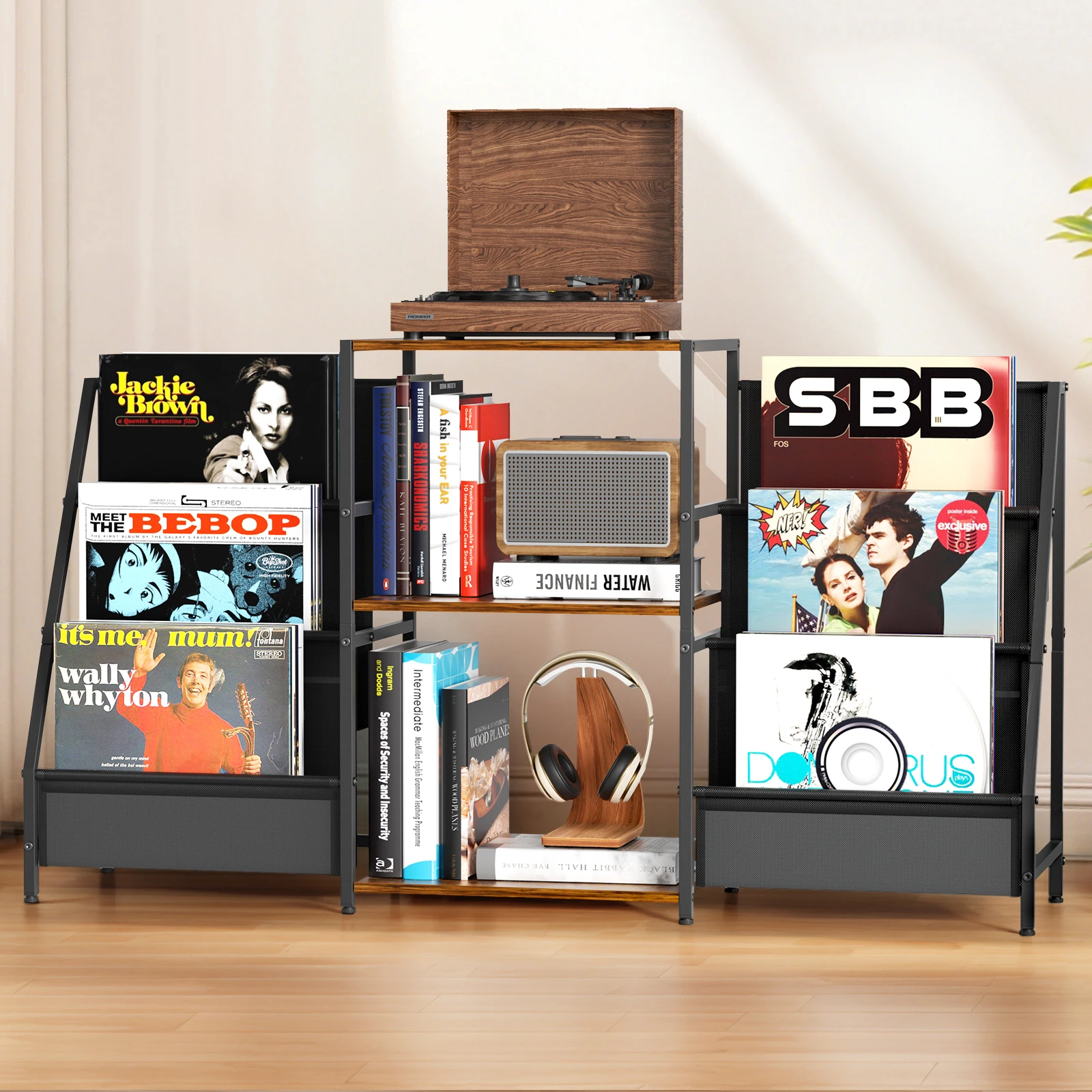 Scaffale per dischi in legno di grandi dimensioni a 3 strati Giradischi Espositore per dischi in vinile Scaffale per album per soggiorno camera da letto