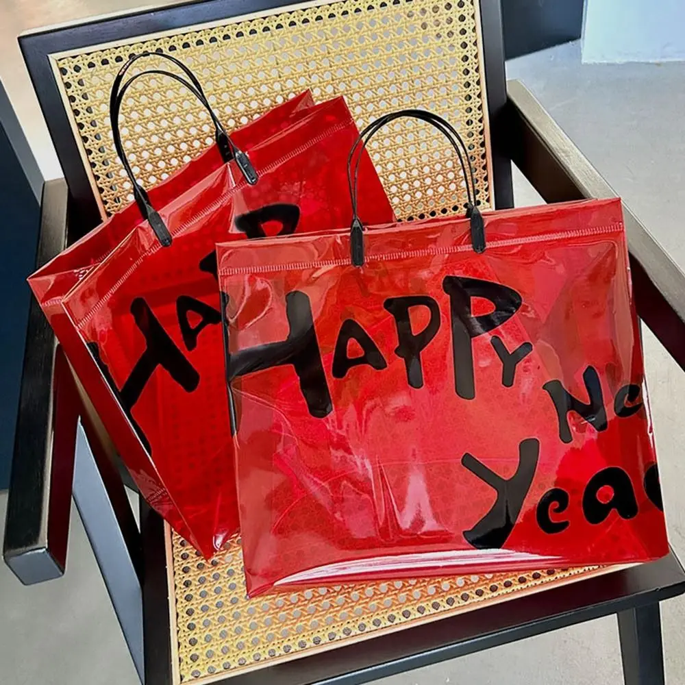 Bolsa de regalo roja transparente para hombre, bolsa de embalaje festiva de Año Nuevo, bolsa de compras transparente con letras, bolsa de compras ecológica