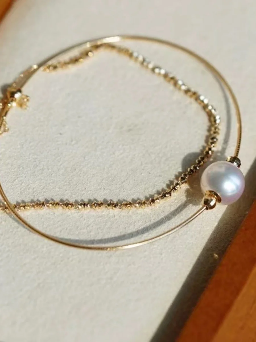 Pure 18K Gold Natural Akoya Seawater Pearl Bracelet Double Layer Bracelet AU750 Women's Boutique Banquet Jewelry Gift SC1008