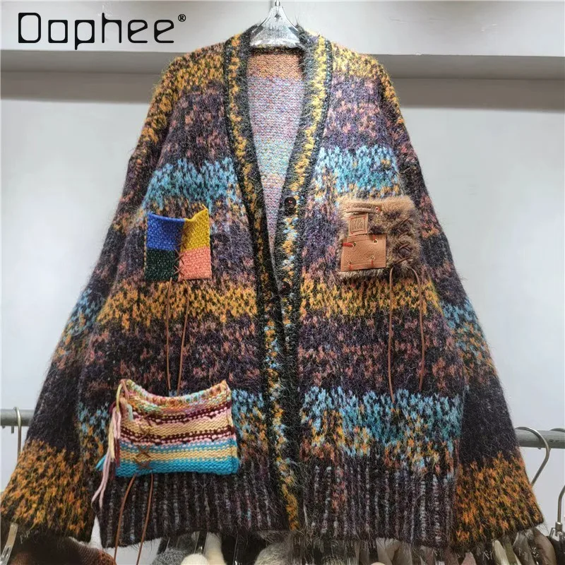 

Korean INS Temperament Knitted Cardigan 2025 Autumn New Loose Casual V-neck Tassel Pocket Single-breasted Cardigan for Women