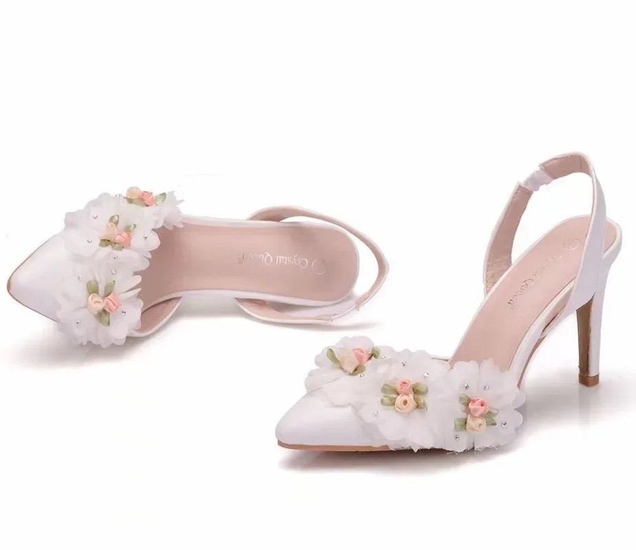 Pointed Casual Single Shoes Sweet White Flower Sexy Dress Wedding Shoes Women Sling Baotou High Heels Floral Sandals 2024