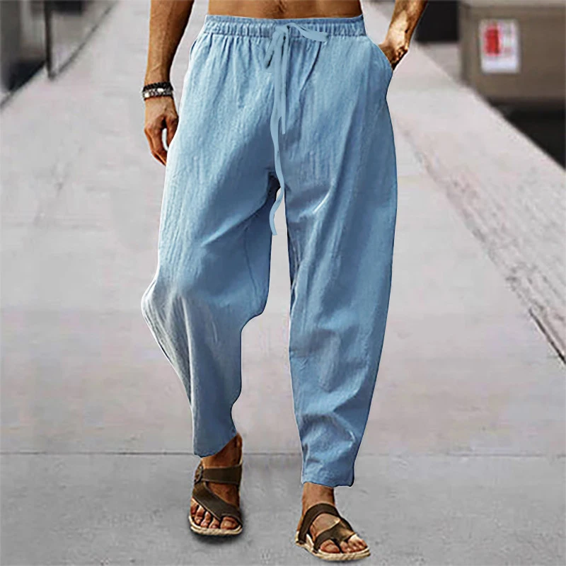 2023 Spring Summer Men\'s Casual Beach Long Pant Solid Color Loose Drawstring Cotton Linen Trousers Men Leisure Fashion Pants