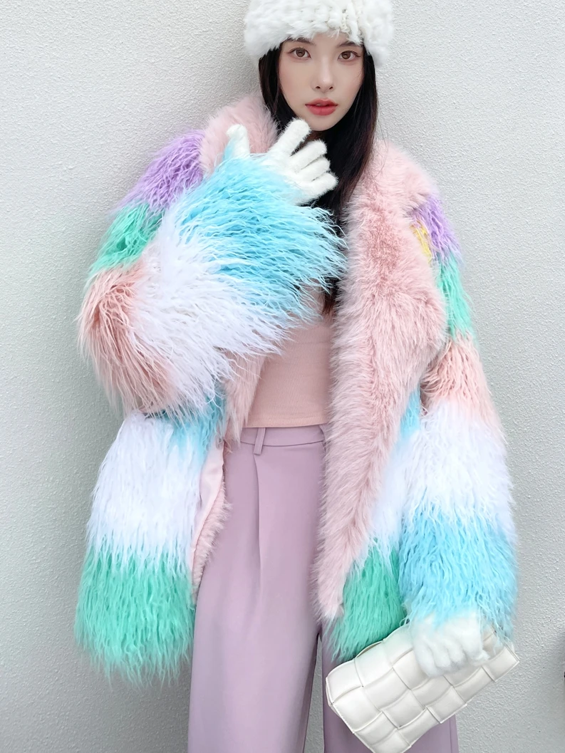 Original Design Female Color Patchwork Faux Fur Coat Suit Collar Medium Length Jacket Lady Shaggy Outerwear Women's Winter Coats