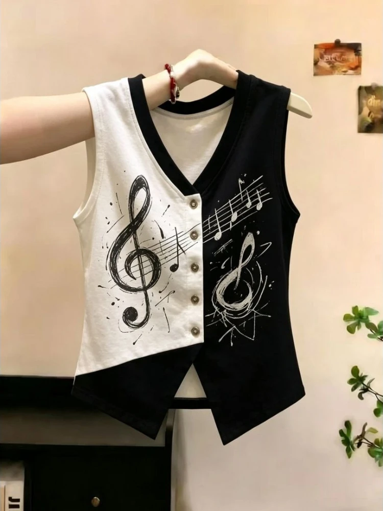 Y2K Vintage Music Note Graphic 40s Combed Cotton Tank Top Women Color Block V Neck Button Trim Sleeveless Slim Fit Casual Daily