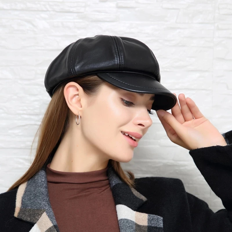 

Genuine Leather Beret Hat Winter Spring Hats For Women Painter Newsboy Cap Vintage Beret Female Black Boinas England Style Hat