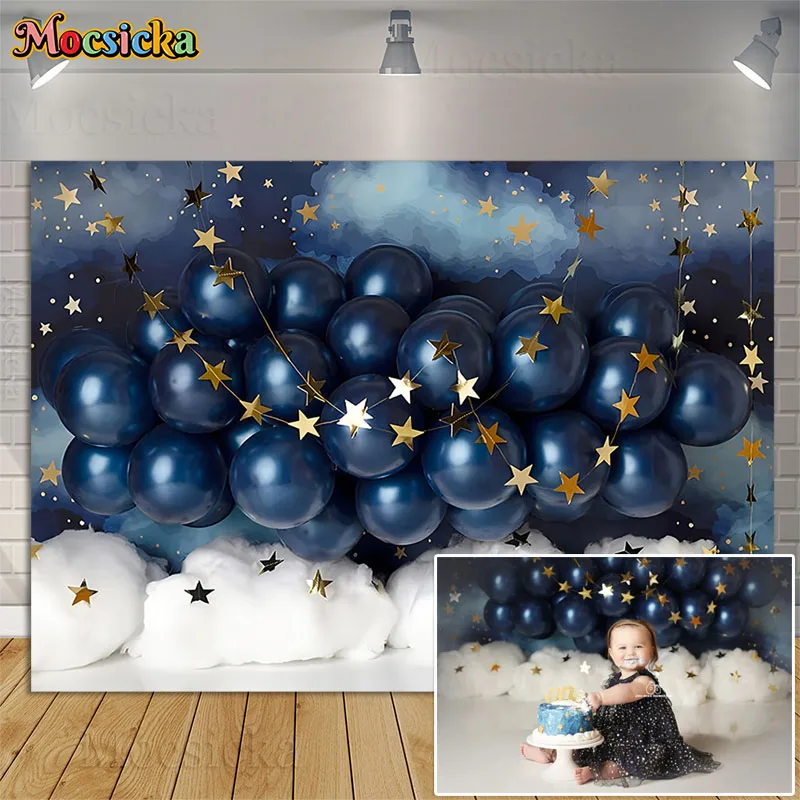 บอลลูนสีฟ้า Gold Star เมฆสีขาว Dream เนบิวลาการถ่ายภาพฉากหลังเด็กวันเกิด Portrait Party Decor เค้ก Smash พื้นหลัง