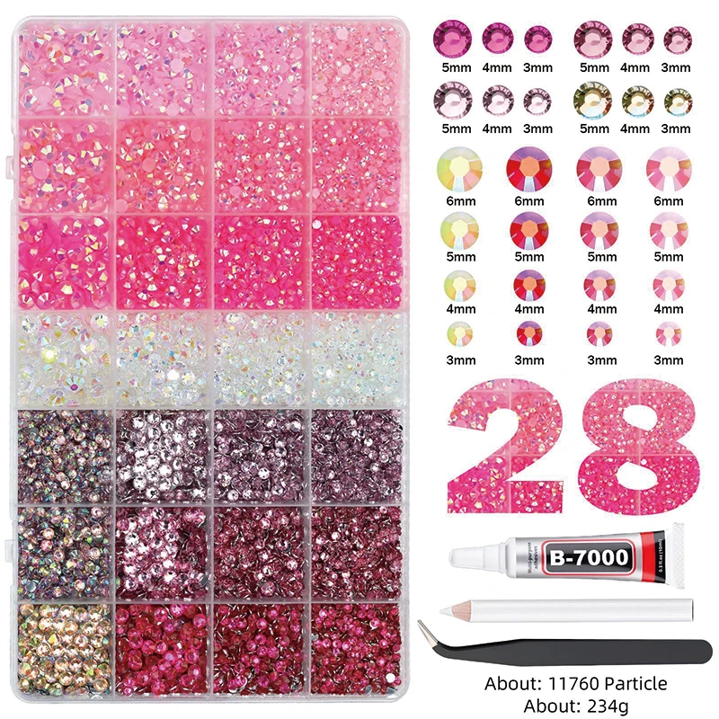 

28 grid 3-6mm mixed color Jelly/resin drill rhinestone set DIY clothing nail drill phone drill glasses drill hat drill, etc