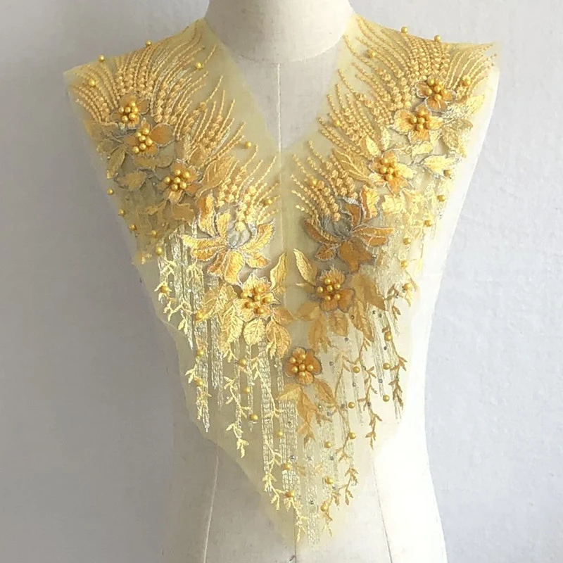 

Lace Fabric Beaded Embroidery Applique Heavy Embroidered Flower Cloth Patch Wedding Dress Clothing DIY Decoration Accessories