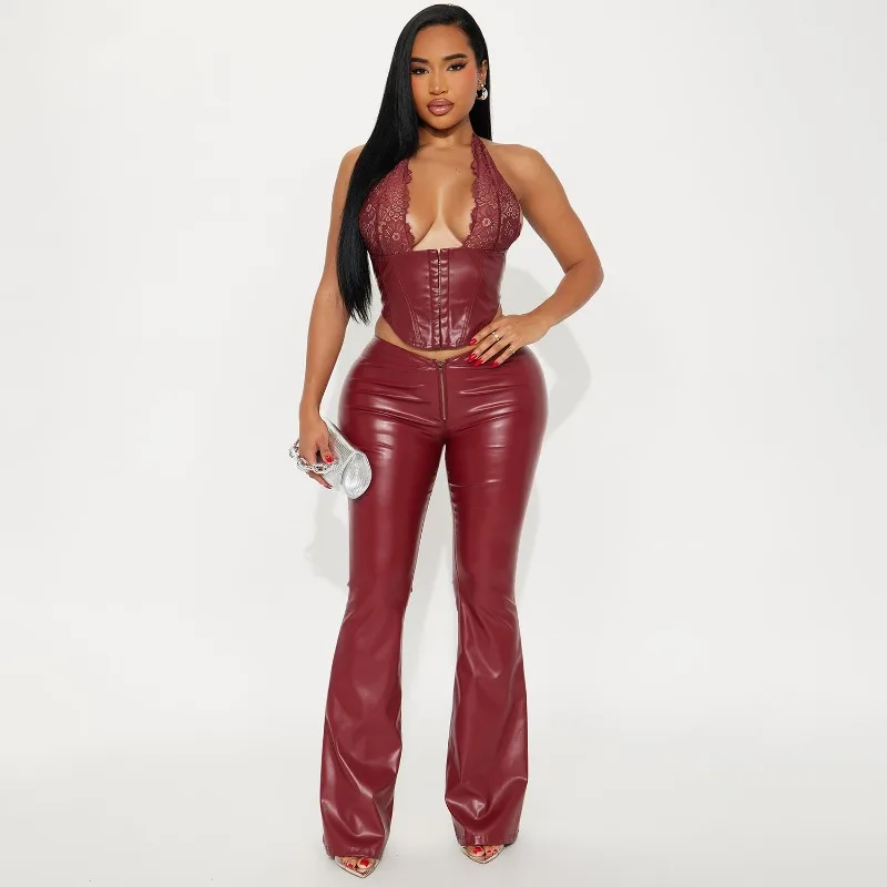 

KEXU 2026 PU Leather Suit Sleeveless Lace Neck Hanging Sexy Flared Leather Pants Two-piece Set Summer