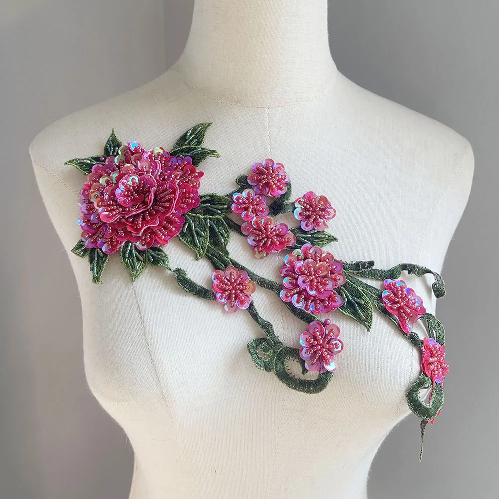 절묘한 구슬 꽃 패치, 의류 수리, DIY 장식 아플리케 핑크, 보라색, 파란색, 노란색, 1 개, 39.5x19.5 cm