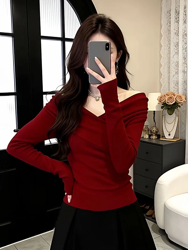

Red V-Ne Knitted Base irt Women's Unique Beautiful Waist-Cut Knitwear Casual Sle Long Sve Breathable Comfortable