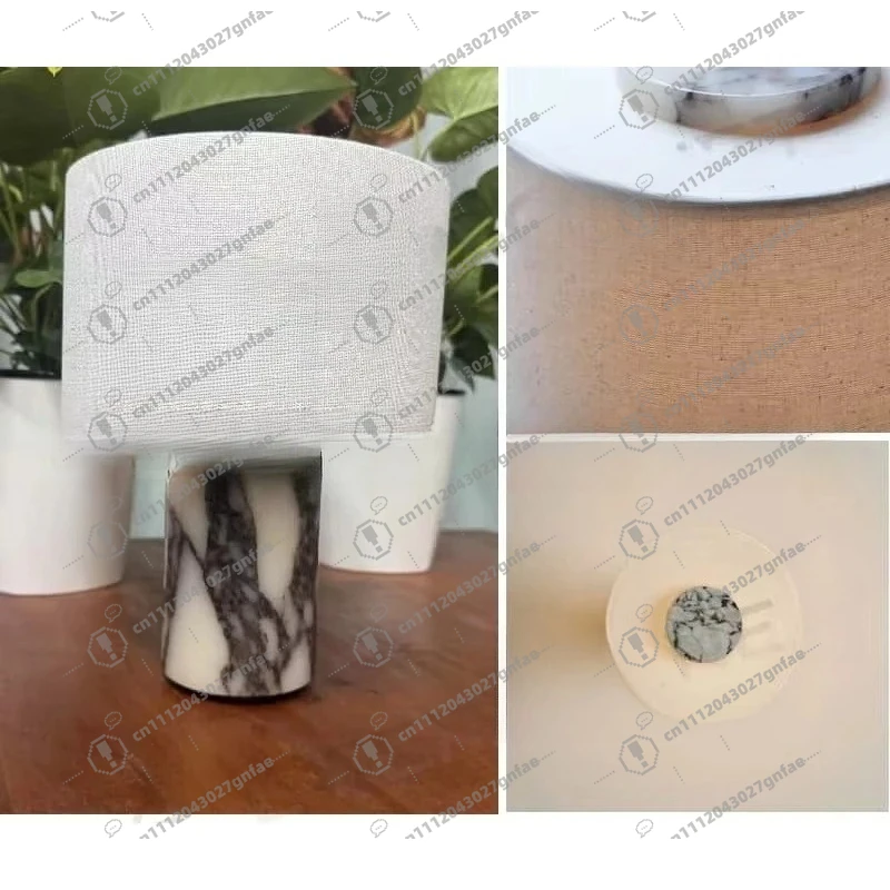 Modern Simple Marble Table Lamp with Fabric Shade Battery Powered LED Bedside Lamp