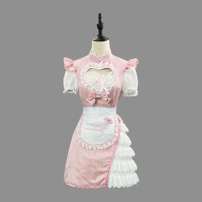 

Womens Maid Cosplay Dress New Chinese Style Pink Cheongsam Apron Suit Lolita Sexy Plus-size Costume Halloween Carnival Party