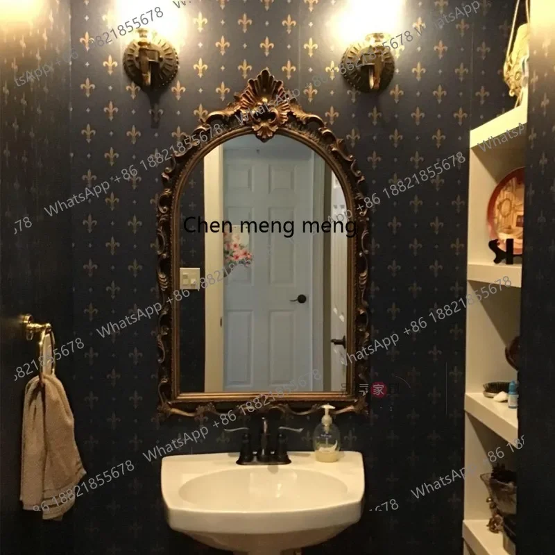Vintage Carved Vanity Mirror Bedroom Wall-Mounted Dressing Table American Classical Makeup Mirror