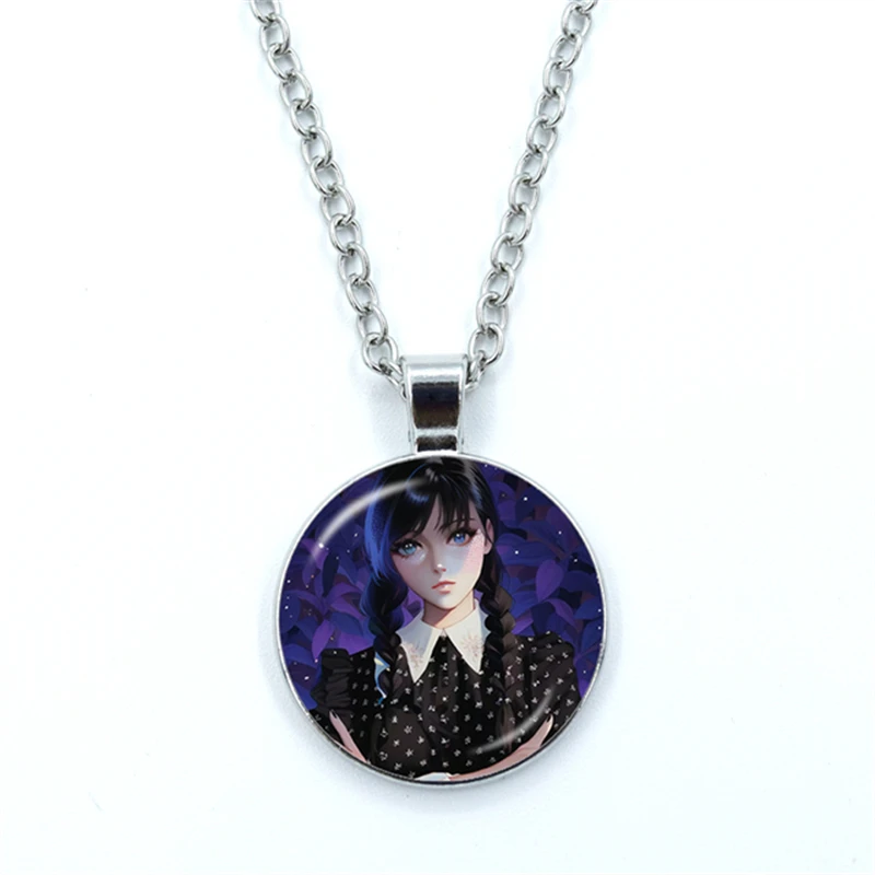 Nevermore Wednesday Addams Necklace American TV Show Round Glass Dome Cabochon Pendant Charm Cute Bag Car Jewelry