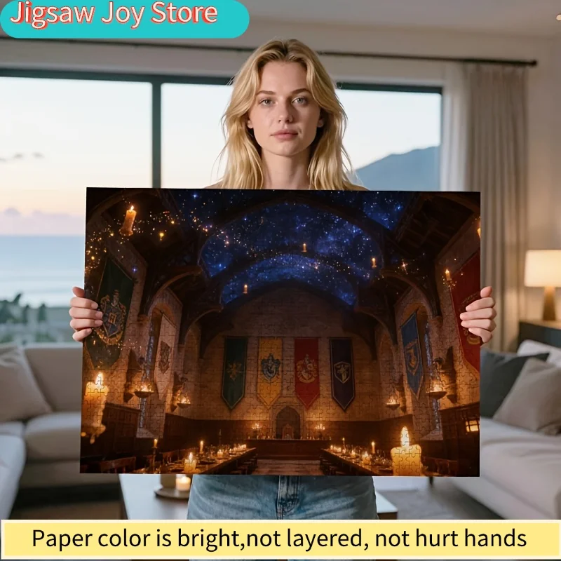 Rompecabezas de 1000 Piezas de la Gran Sala Estrellada de Warner Bros. | Escena del banquete de los escudos de las casas de Hogwarts - Juego familiar de rompecabezas con decoración acogedora, mejor valorado, F