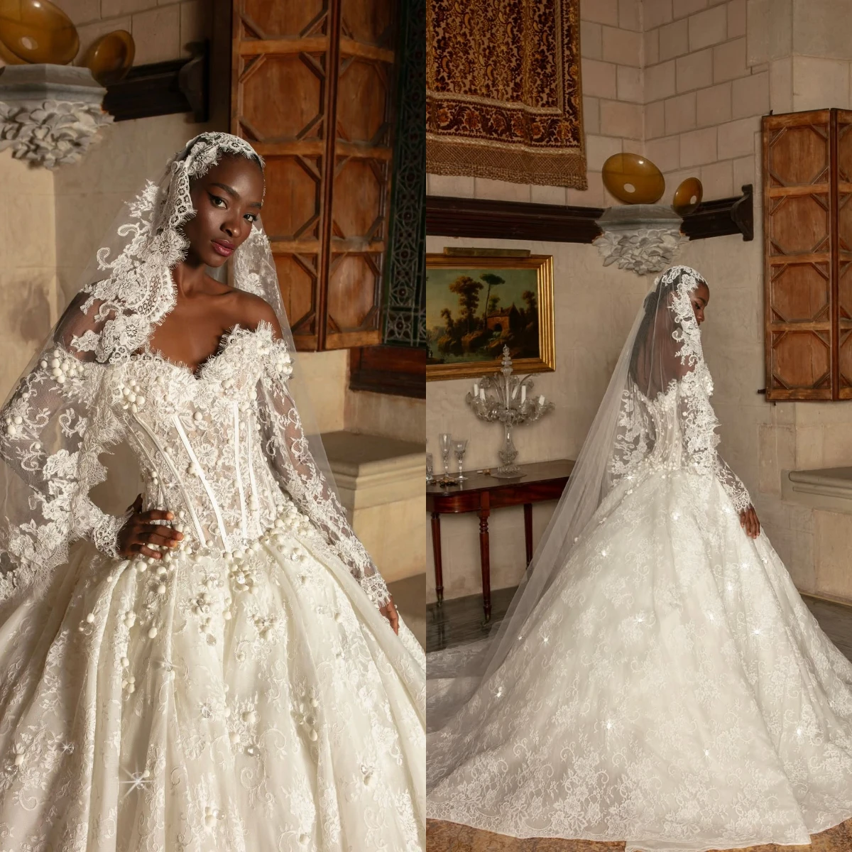 2026 Luxury Off Shoulder Long Sleeve White Wedding Dress 3D Pearl Floral Lace Corset Bridal Gown Vestido De Novia Customized