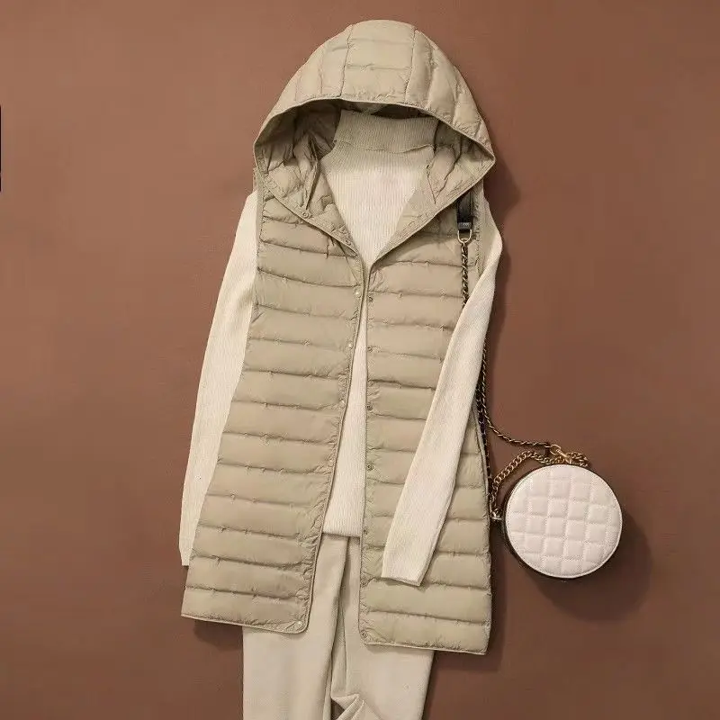 Chaleco de plumón de pato blanco para mujer, Chaqueta larga con capucha delgada, parka básica informal, ultraligera, 90%