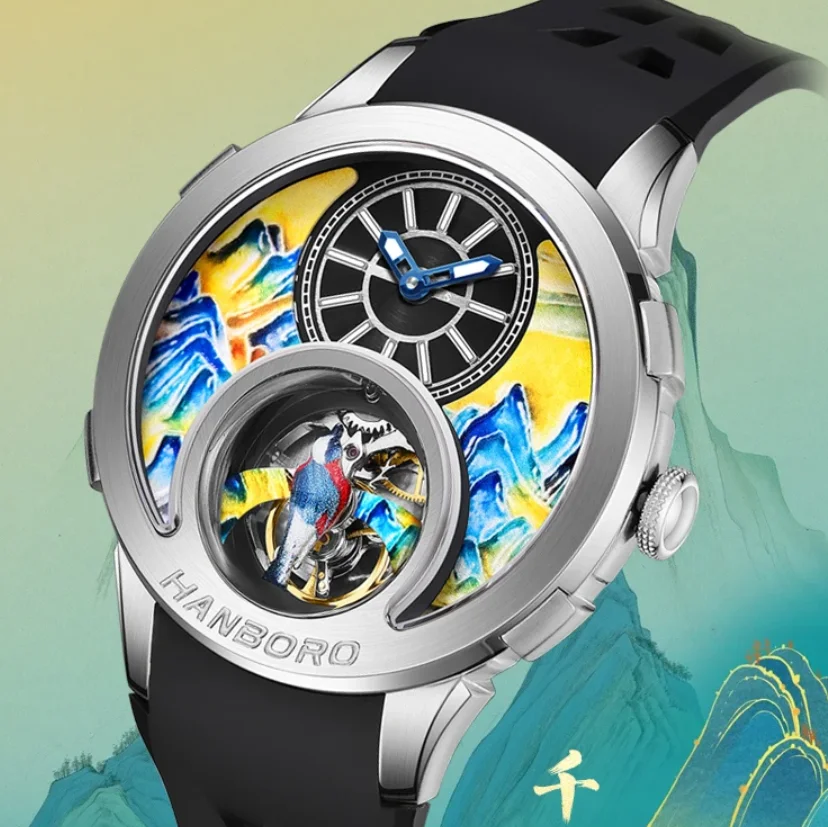 HANBORO Men Automatic Watch 43.6mm Mechanical Wristwatch Luminous Enamel Carved Painted Mountain Rotataion Bird Dial