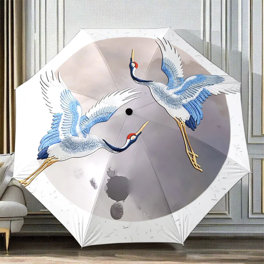 Blue and White Cranes with Elegant Cloudy Background Portable Folding Umbrella, Gift for Family And Friends