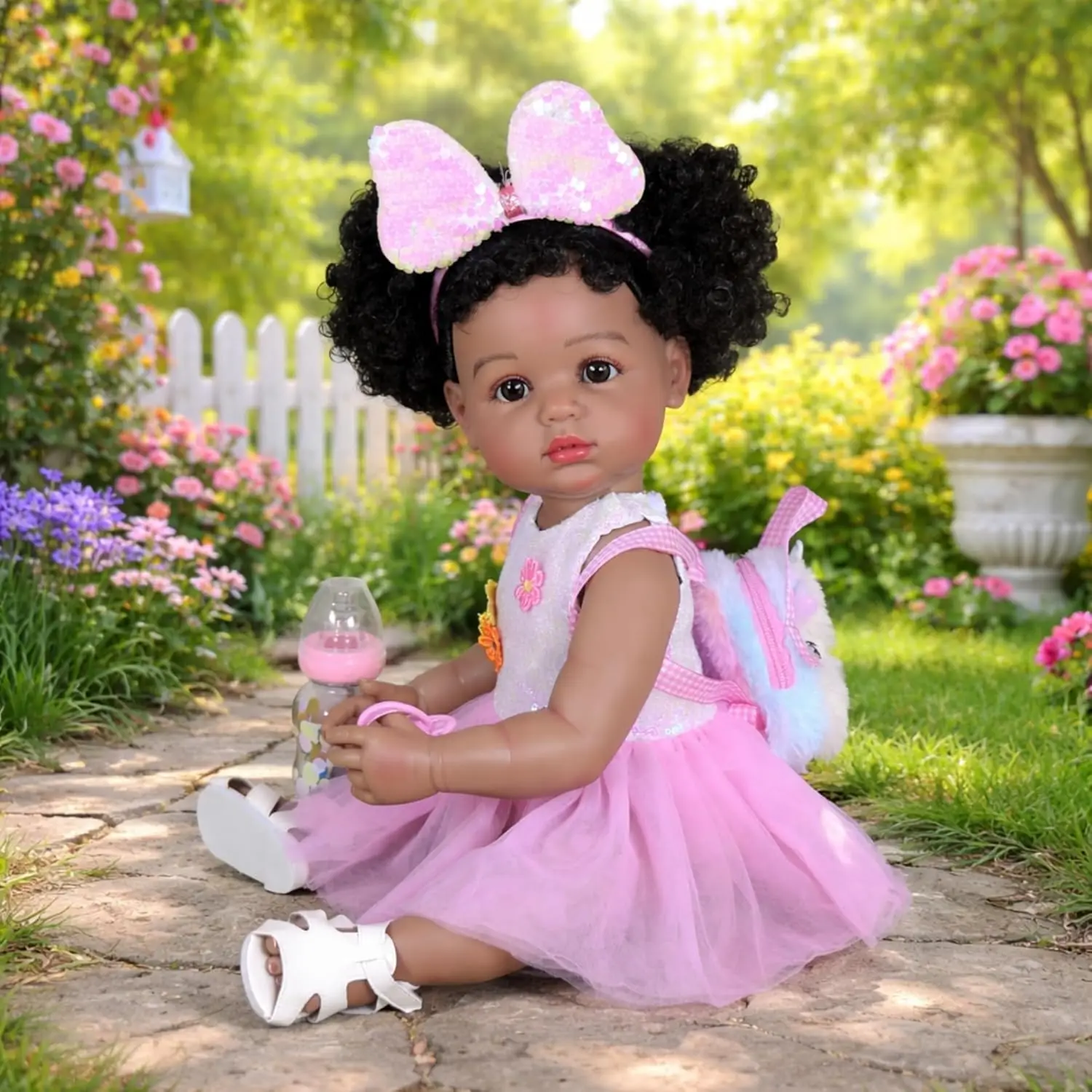 

22” African American Reborn Toddler Girl Doll, Lifelike Full Vinyl Posable Body with Rooted Curly Hair, Pink Winter
