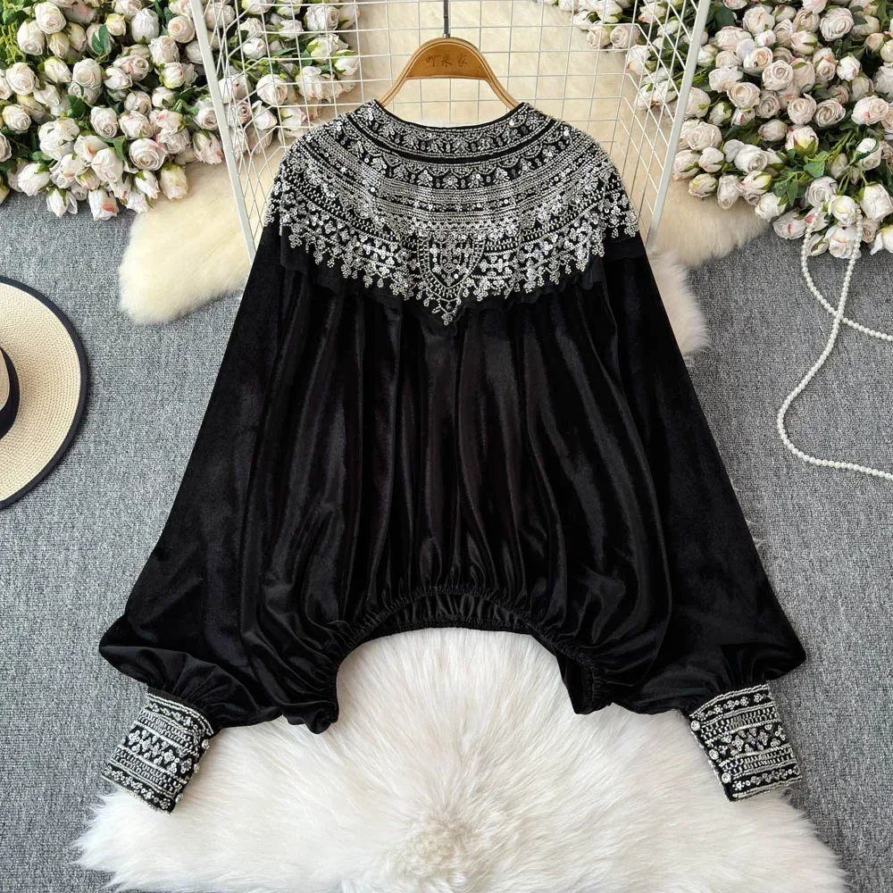 Basics O-neck Vintage Long Sleeve Elegant Chic Gold Sequins Loose Velvet Top French Streetwear High Street Autumn Winter Blouse