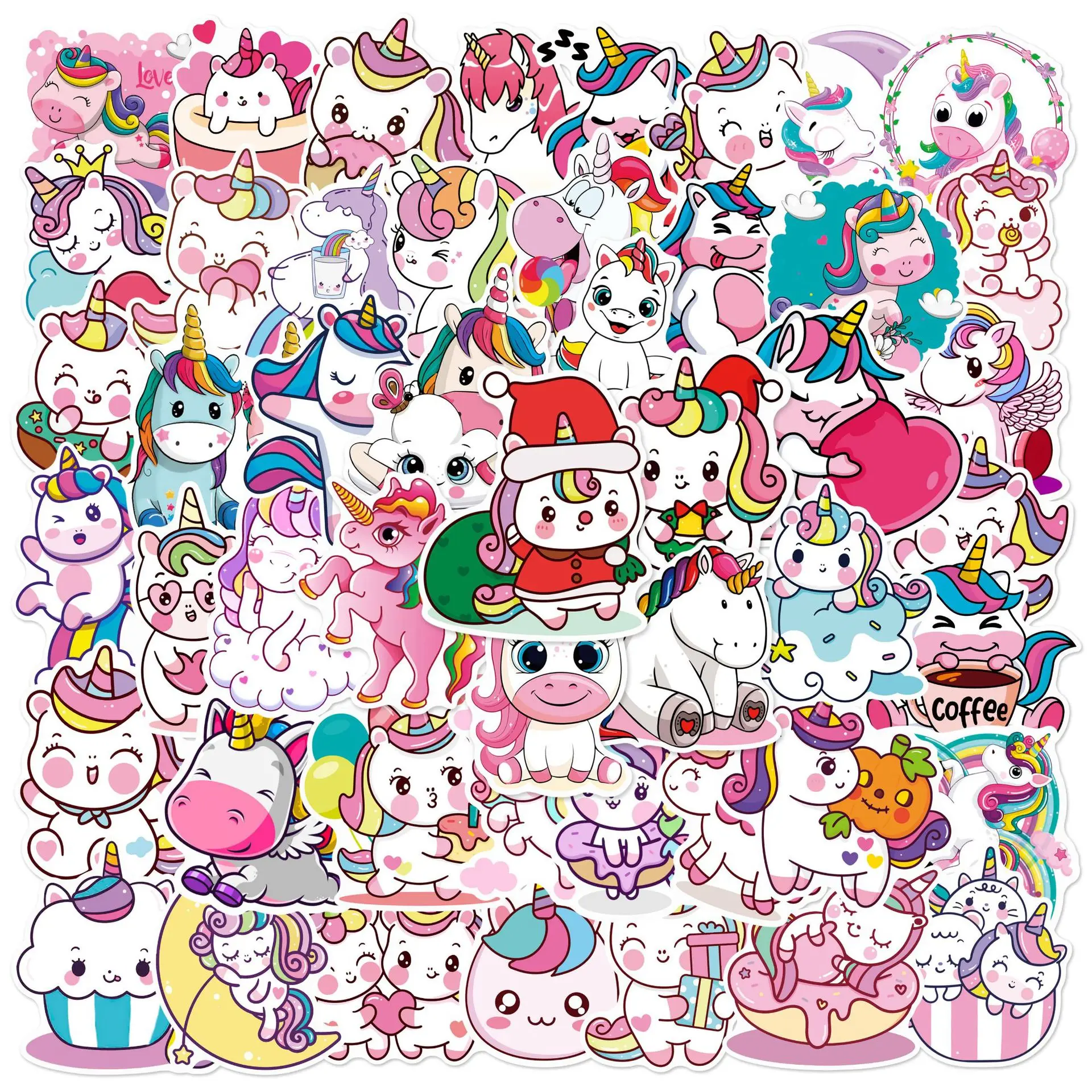 50Pcs Cute Cartoon Unicorn Stickers for Laptop Luggage Phone Car Scooter Funny Vinyl Decal