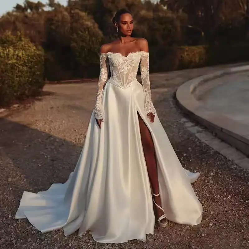 

Boho Princess Wedding Dresses Off The Shoulder Long Sleeve Bridal Dress Formal Lace Wedding Ball Prom Gowns Customized