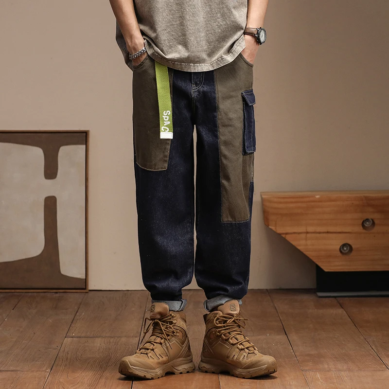 New Arrival Hot Sale Top Fashion Autumn Zipper Fly Stonewashed Casual Patchwork Cargo Denim Pockets Cotton Jeans Men