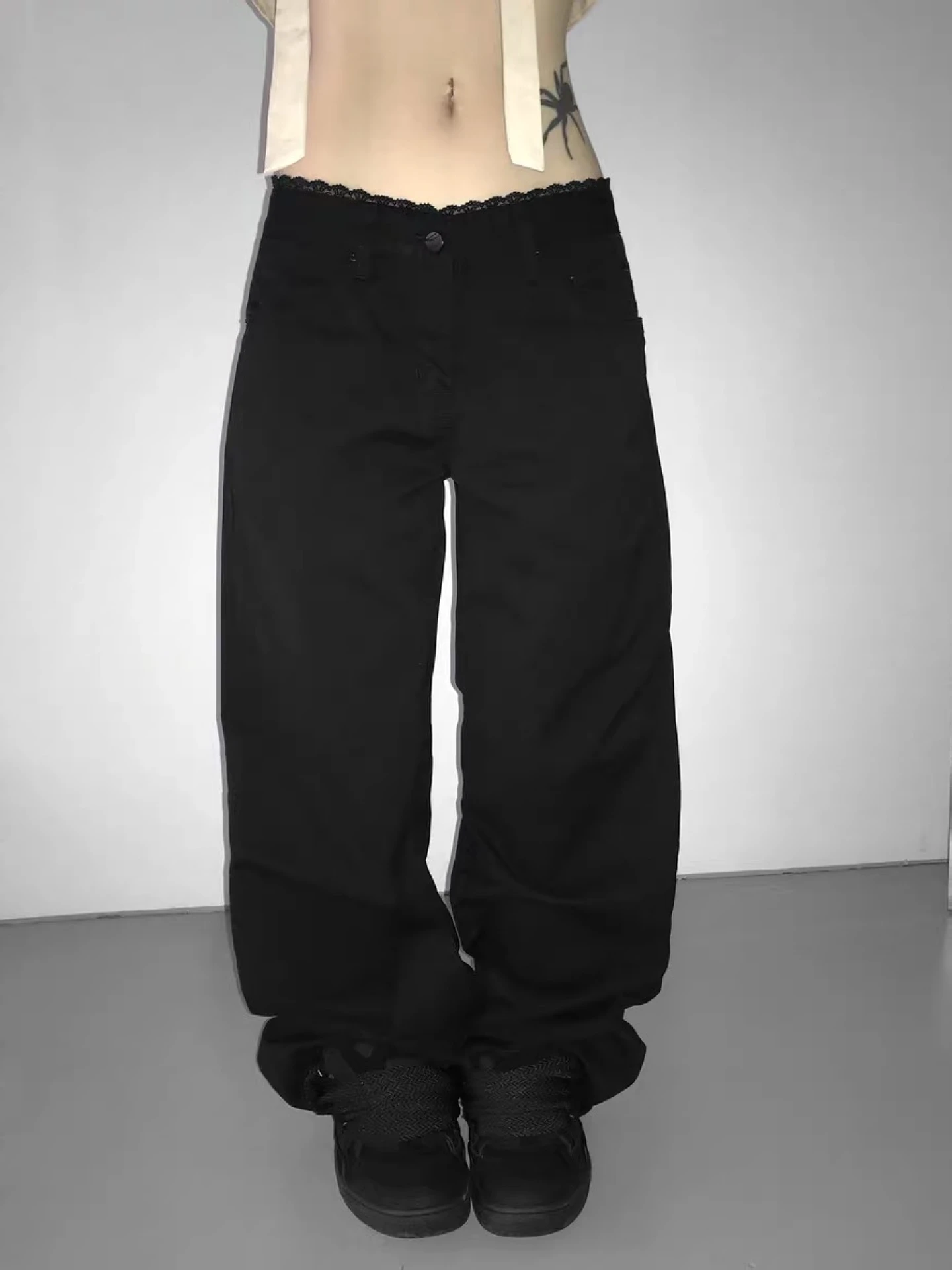 

plus Size American Retro Lace Trim Splicing Waist Mouth Jeans Women's Spicy Design Loose Casual Wide Leg Long Pants